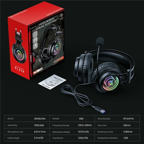 ONIKUMA X80 Gaming Over-Ear Headset 7.1 Surround Sound 50mm Drivers USB Wired Headphone for PC