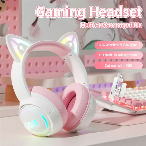ONIKUMA GT838 Cat Ear Gaming Headset Triple Mode RGB Light Wireless Over-Ear Headphone with Mic