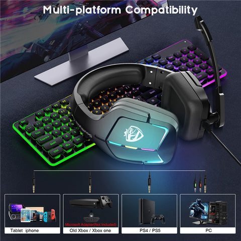 KOTION EACH S12 For PC / PS4 / PS5 Gaming Headset Rotatable Microphone Wired RGB Headphone with Adapter Cable
