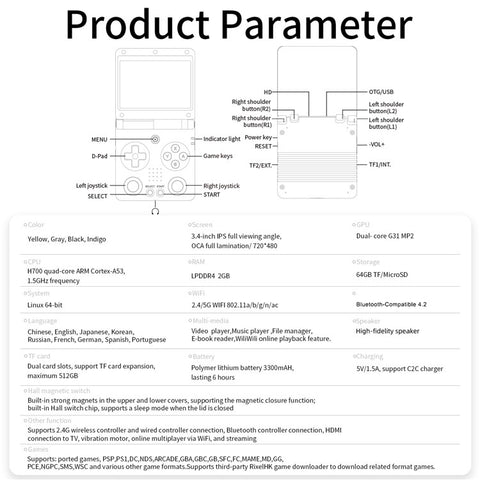 AMPOWN RG34XXSP 3.4 Inch IPS Screen Retro Handheld Game Console Foldable Wireless Gamepad, with 64G + 128G TF Card