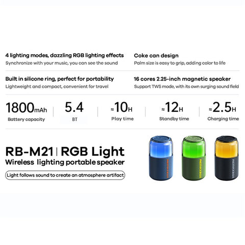 REMAX RB-M21 TWS Portable Wireless Bluetooth-Compatible Speaker with 4 RGB Lighting Mode