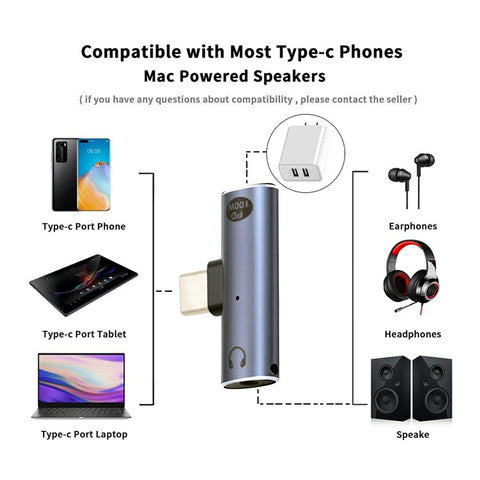 UC-075-PD Type-C to 3.5mm Audio DAC AUX Music + 100W PD Power CS201 Chip Adapter for Laptop Tablet Phone