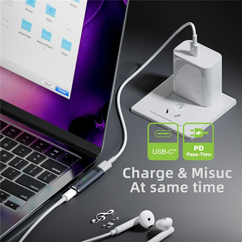 UC-075-PD Type-C to 3.5mm Audio DAC AUX Music + 100W PD Power CS201 Chip Adapter for Laptop Tablet Phone