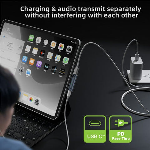 UC-075-PD Type-C to 3.5mm Audio DAC AUX Music + 100W PD Power CS201 Chip Adapter for Laptop Tablet Phone
