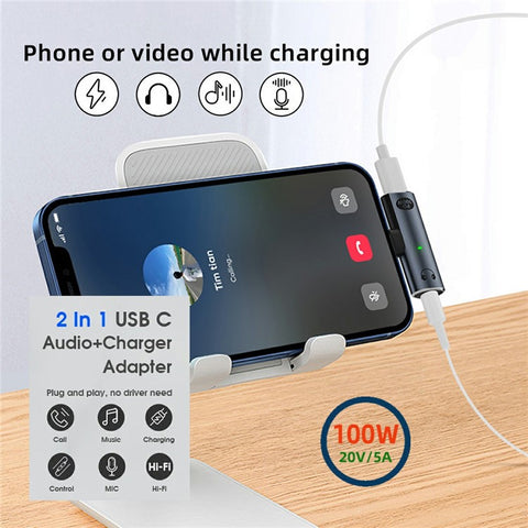 UC-075-PD Type-C to 3.5mm Audio DAC AUX Music + 100W PD Power CS201 Chip Adapter for Laptop Tablet Phone