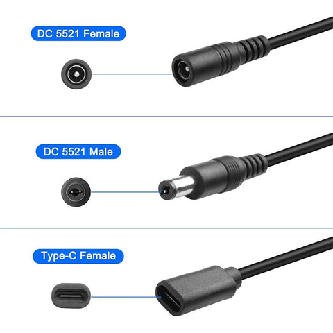 JUNSUNMAY 25cm Type-C Female to DC 5.5mm x 2.1mm Female Adapter Cable 5V 3A Power Extension Cord