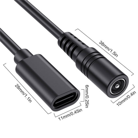 JUNSUNMAY 25cm Type-C Female to DC 5.5mm x 2.1mm Female Adapter Cable 5V 3A Power Extension Cord