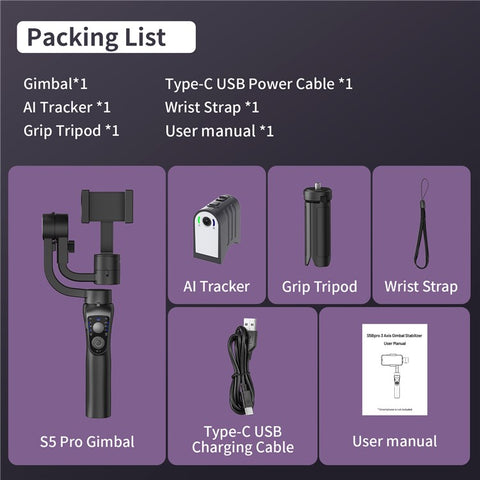 S5Bpro Intelligent AI Tracking 3-Axis Gimbal Stabilizer Anti-Shake Handheld Phone Holder Tripod