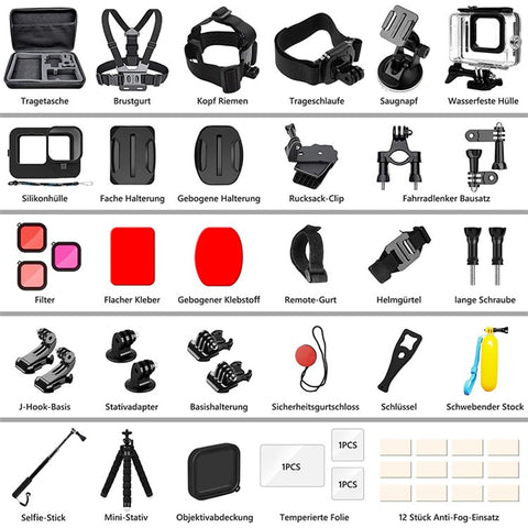 54-in-1 Accessories Kit for GoPro Hero 12 11 10 9 Waterproof Case Silicone Cover Tempered Glass Flim