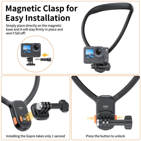 VRIG AC01 Magnetic Neck-Mount Holder for Claw Mini Action Camera Necklace Holder Bracket for Fishing, Biking, Vlogging