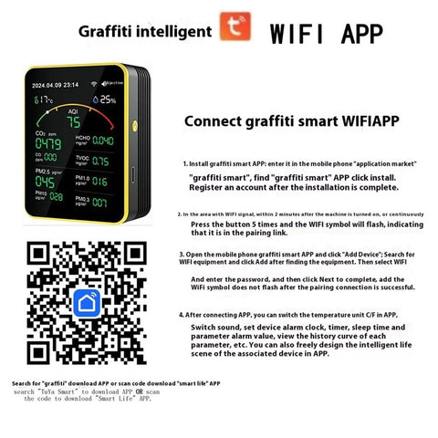 Multifunctional Air Quality WiFi Detector CO2 CO HCHO TVOC Temp Humidity Tester Alarm Device Support Tuya App