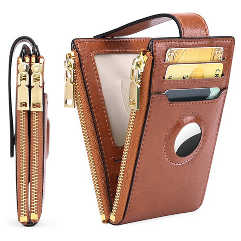 Women's Wallet for AirTag Holder Genuine Cow Leather Slim RFID Blocking Card Holder with Protective Film