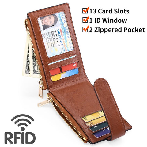 Women's Wallet for AirTag Holder Genuine Cow Leather Slim RFID Blocking Card Holder with Protective Film