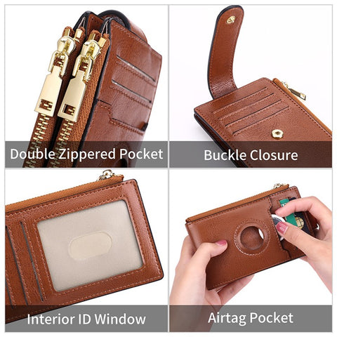 Women's Wallet for AirTag Holder Genuine Cow Leather Slim RFID Blocking Card Holder with Protective Film