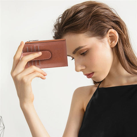 Women's Wallet for AirTag Holder Genuine Cow Leather Slim RFID Blocking Card Holder with Protective Film