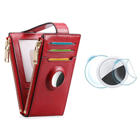 Women's Wallet for AirTag Holder Genuine Cow Leather Slim RFID Blocking Card Holder with Protective Film