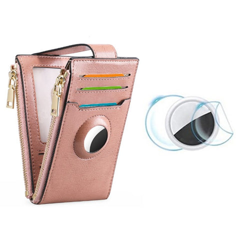 Women's Wallet for AirTag Holder Genuine Cow Leather Slim RFID Blocking Card Holder with Protective Film