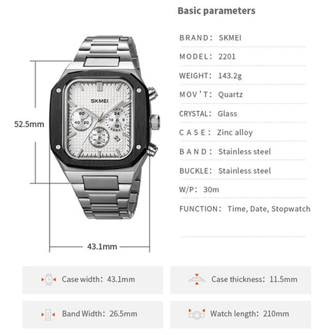 SKMEI 2201 Stylish Men Business Quartz Watch Square Luminous Wrist Watch
