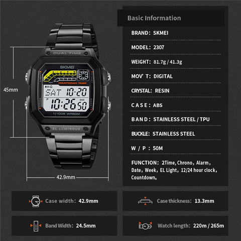 SKMEI 2307 Square Digital Watch Luminous Outdoor Sports Electronic Watch