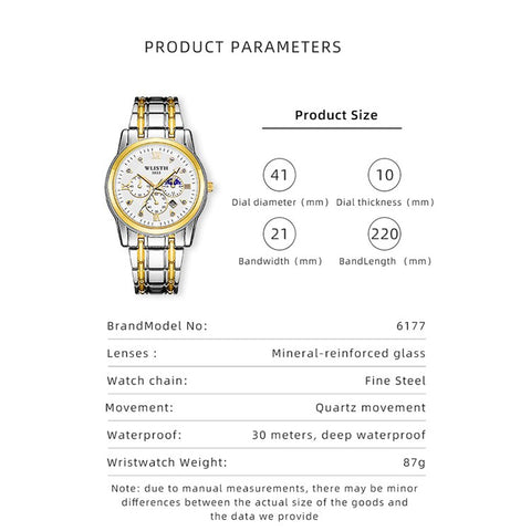 WLISTH 6177 Fashion Steel Strap Men Quartz Watch Luminous Calendar Wrist Watch
