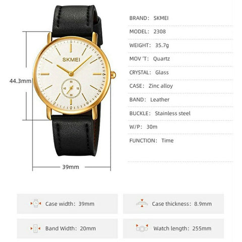 SKMEI 2308 Simple Stylish Leather Strap Round Quartz Watch