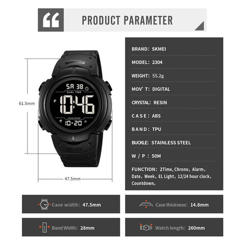 SKMEI 2304 Multifunction Digital Watch Outdoor Dual Time Electronic Wristwatch with EL Backlight