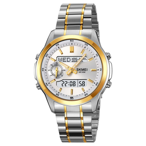 SKMEI 2284 Luxury Business Men Watch Dual Display Steel Band Quartz Wristwatch with LED Backlight