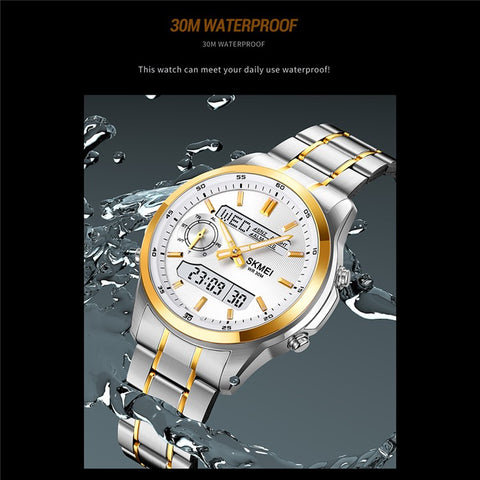 SKMEI 2284 Luxury Business Men Watch Dual Display Steel Band Quartz Wristwatch with LED Backlight