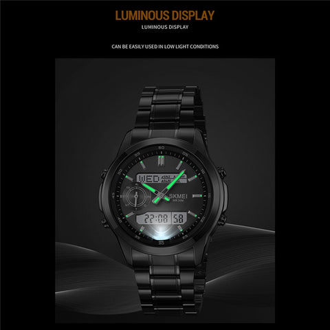SKMEI 2284 Luxury Business Men Watch Dual Display Steel Band Quartz Wristwatch with LED Backlight