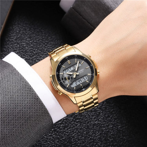 SKMEI 2284 Luxury Business Men Watch Dual Display Steel Band Quartz Wristwatch with LED Backlight