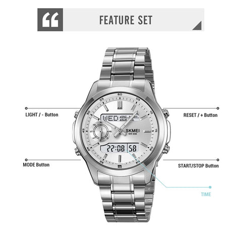 SKMEI 2284 Luxury Business Men Watch Dual Display Steel Band Quartz Wristwatch with LED Backlight