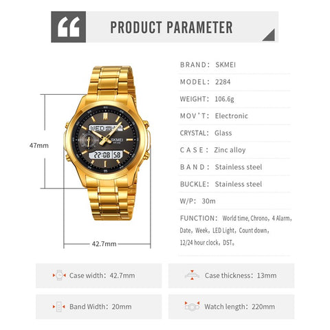 SKMEI 2284 Luxury Business Men Watch Dual Display Steel Band Quartz Wristwatch with LED Backlight