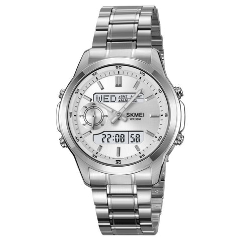 SKMEI 2284 Luxury Business Men Watch Dual Display Steel Band Quartz Wristwatch with LED Backlight