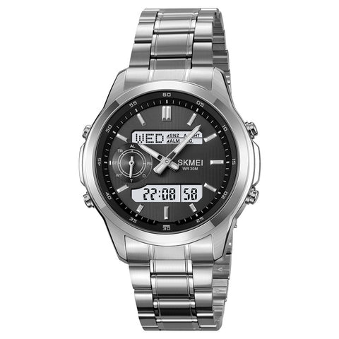 SKMEI 2284 Luxury Business Men Watch Dual Display Steel Band Quartz Wristwatch with LED Backlight