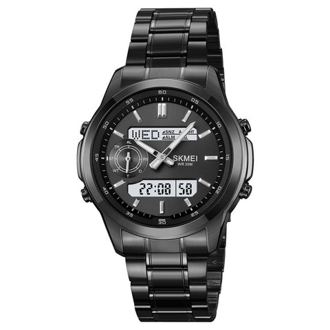 SKMEI 2284 Luxury Business Men Watch Dual Display Steel Band Quartz Wristwatch with LED Backlight