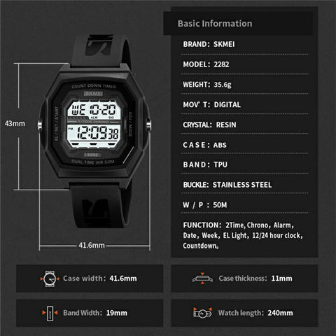 SKMEI 2282 Outdoor Sports Electronic Watch Waterproof Countdown Chronograph with EL Backlit