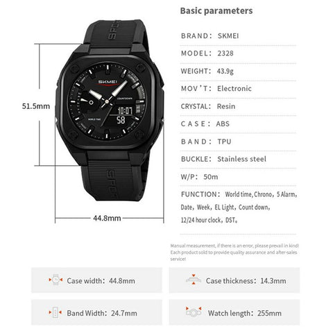 SKMEI 2328 Outdoor Student Square Electronic Watch 50M Waterproof Multifunction Sports Timepiece