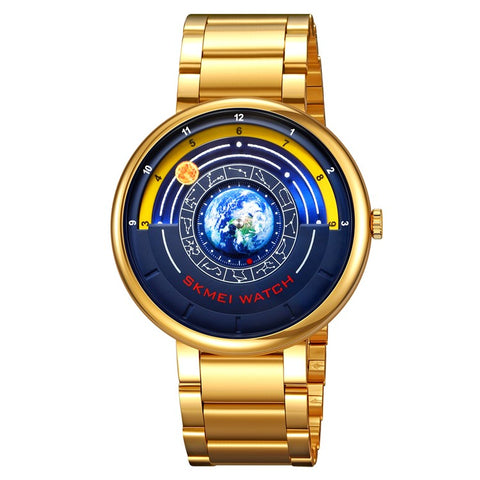 SKMEI 2361 Creative Planet Pattern Quartz Watch 30m Waterproof Steel Band Round Dial Wristwatch