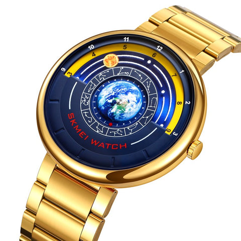 SKMEI 2361 Creative Planet Pattern Quartz Watch 30m Waterproof Steel Band Round Dial Wristwatch