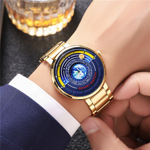 SKMEI 2361 Creative Planet Pattern Quartz Watch 30m Waterproof Steel Band Round Dial Wristwatch