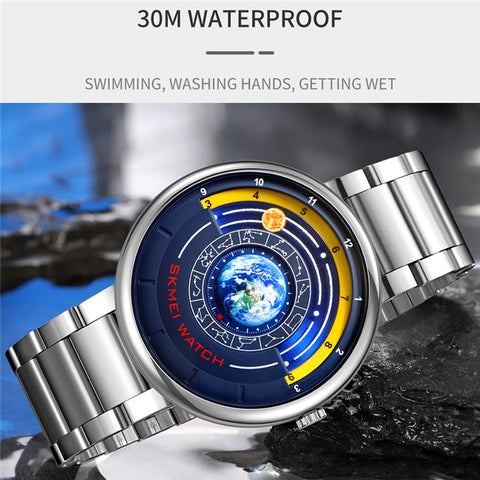 SKMEI 2361 Creative Planet Pattern Quartz Watch 30m Waterproof Steel Band Round Dial Wristwatch