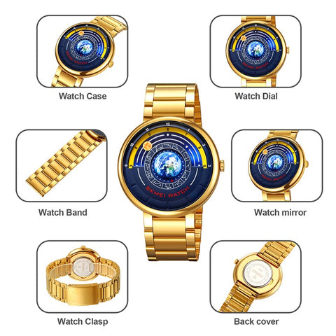 SKMEI 2361 Creative Planet Pattern Quartz Watch 30m Waterproof Steel Band Round Dial Wristwatch