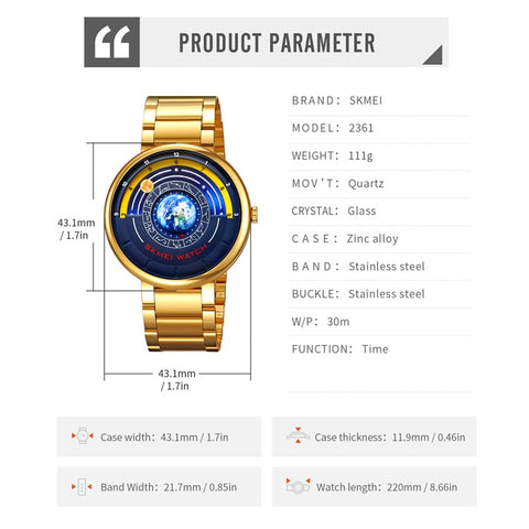 SKMEI 2361 Creative Planet Pattern Quartz Watch 30m Waterproof Steel Band Round Dial Wristwatch