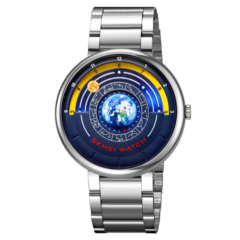 SKMEI 2361 Creative Planet Pattern Quartz Watch 30m Waterproof Steel Band Round Dial Wristwatch