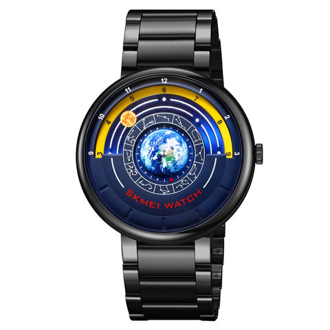 SKMEI 2361 Creative Planet Pattern Quartz Watch 30m Waterproof Steel Band Round Dial Wristwatch