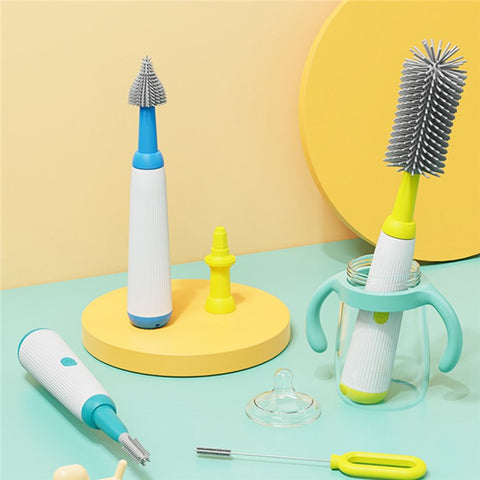 N1-S1 360 Degree Rotatable Electric Baby Bottle Brush Set Portable Pacifier Cleaner with Storage Rack (BPA Free, No FDA)
