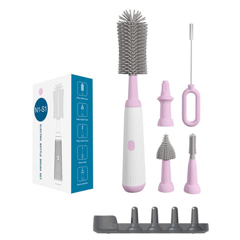 N1-S1 360 Degree Rotatable Electric Baby Bottle Brush Set Portable Pacifier Cleaner with Storage Rack (BPA Free, No FDA)