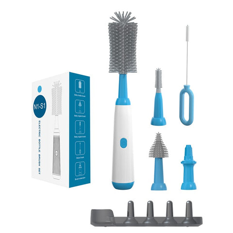 N1-S1 360 Degree Rotatable Electric Baby Bottle Brush Set Portable Pacifier Cleaner with Storage Rack (BPA Free, No FDA)