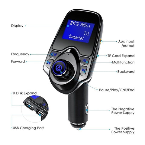 T11 Bluetooth-compatible Car Kit MP3 Music Player Adapter FM Transmitter Dual USB Charger Support U-disk/TF/AUX (CE/FCC/RoHS)