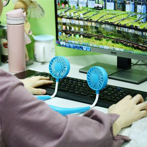 Wearable Neckband Mini Dual-Fans 3 Wind Speeds Adjustable USB Rechargeable